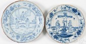TWO ENGLISH DELFTWARE PLATES,