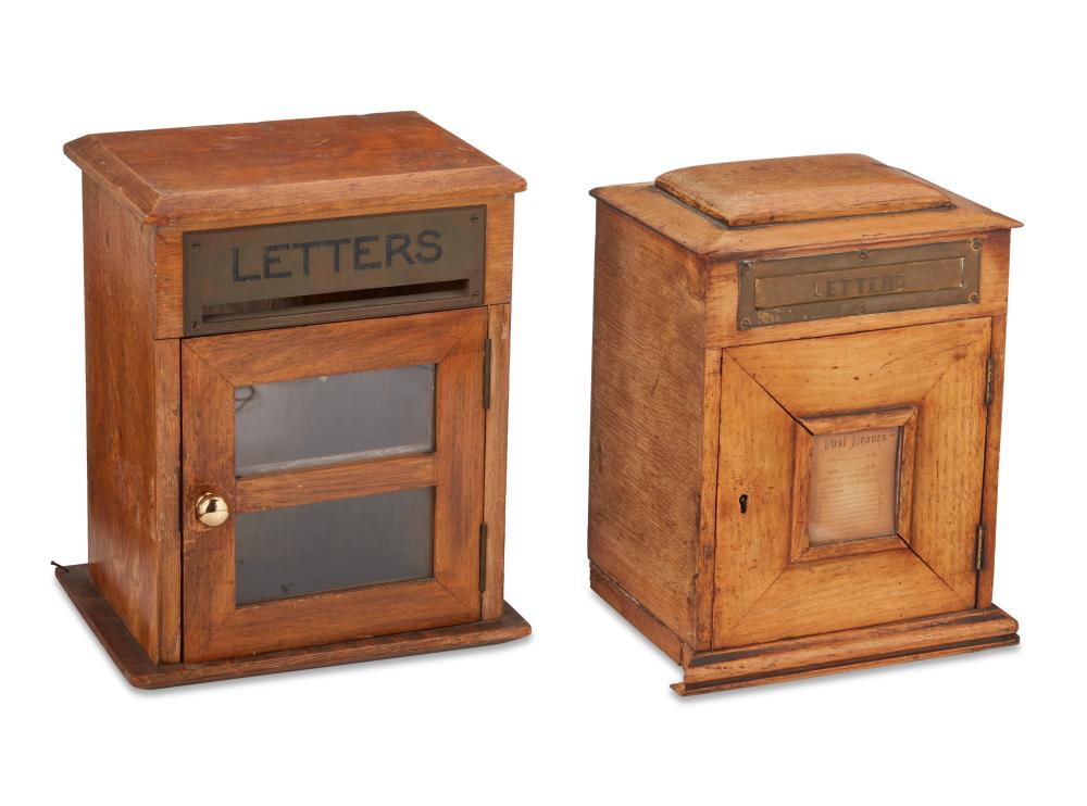 TWO ENGLISH OAK POSTAL BOXESTwo