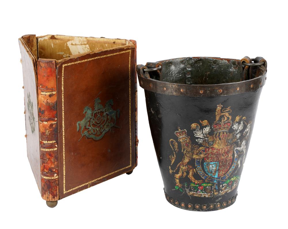 TWO ENGLISH PAINTED LEATHER WASTE