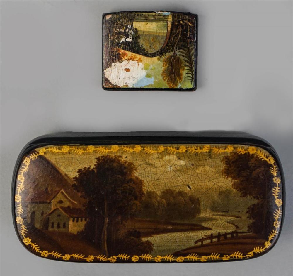 TWO ENGLISH PAPIER MACHE SNUFF