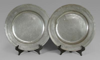 Two English pewter chargers,