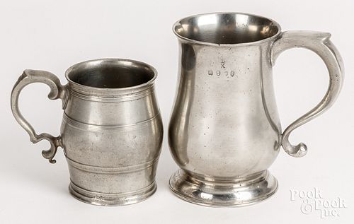 TWO ENGLISH PEWTER MUGS,