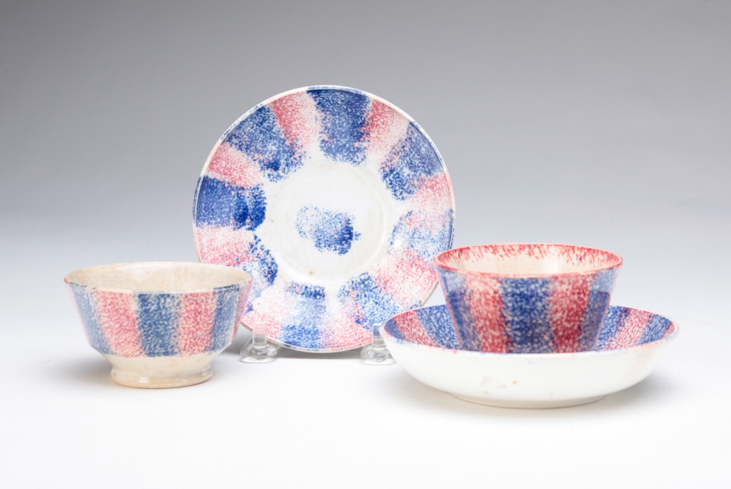 TWO ENGLISH RAINBOW SPATTER CUPS