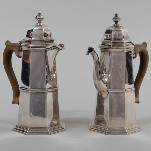 TWO ENGLISH SILVER COFFEE POTS WITH
