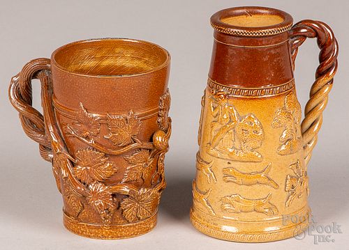 TWO ENGLISH STONEWARE MUGS, 19TH