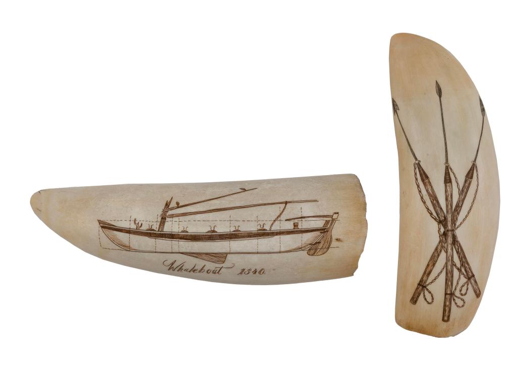 * TWO ENGRAVED WHALE'S TEETH BY