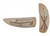 * TWO ENGRAVED WHALE'S TEETH B
