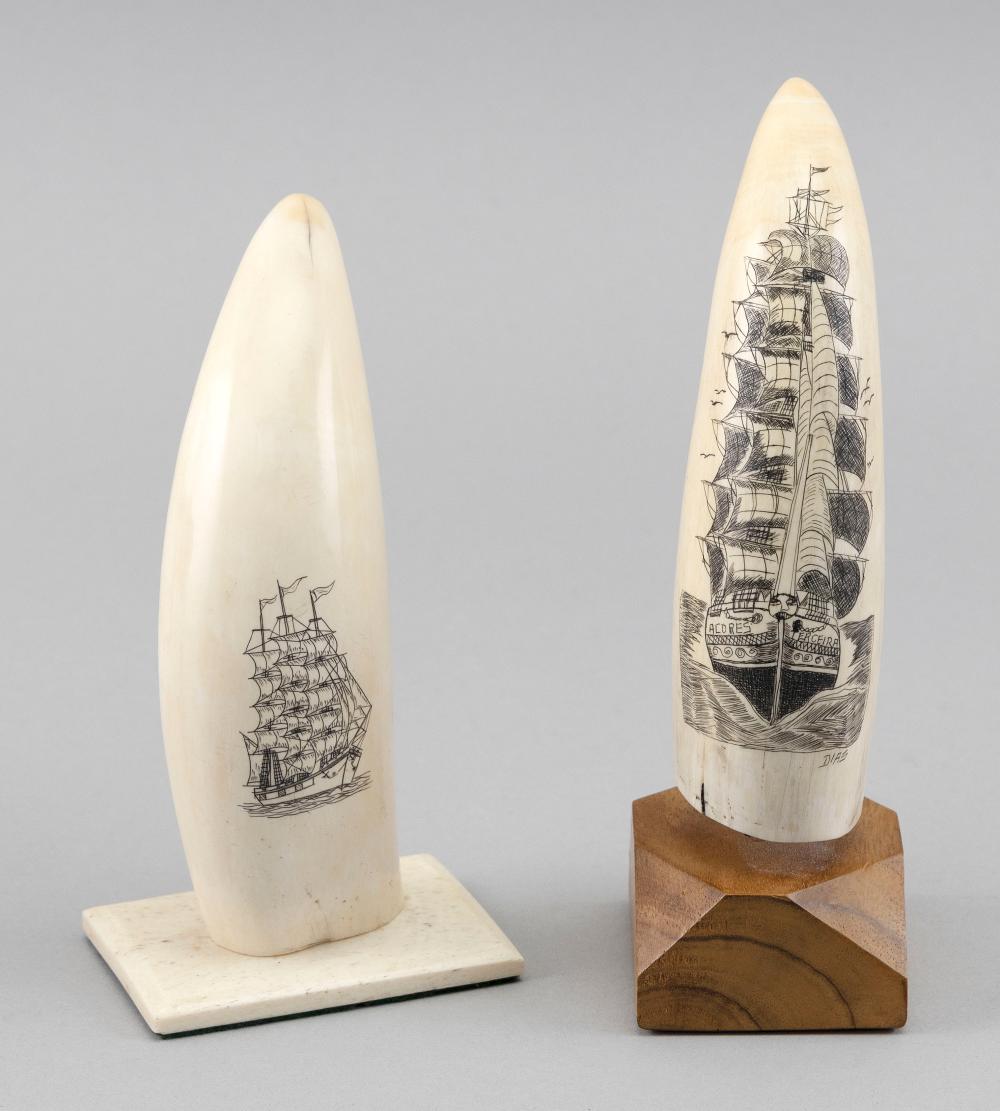 * TWO ENGRAVED WHALE'S TEETH WITH