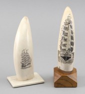 * TWO ENGRAVED WHALE'S TEETH W