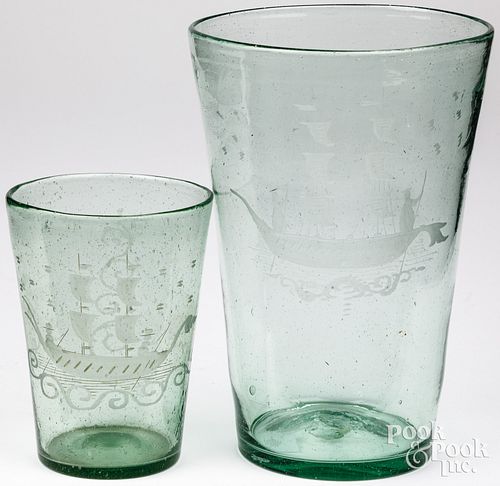 TWO ETCHED GLASS FLIPS WITH SHIP