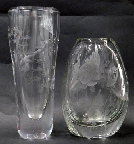 Two etched glass vases,