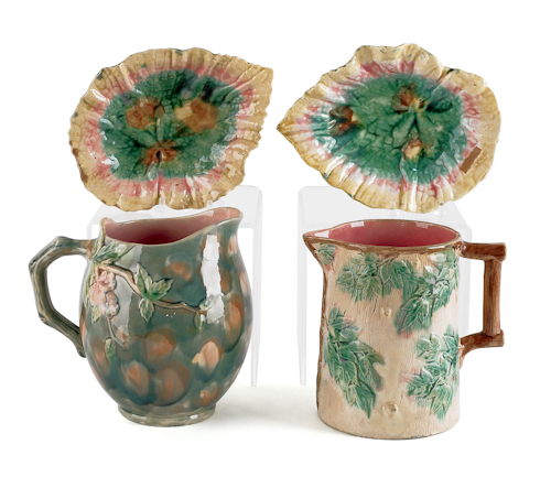 Two Etruscan majolica pitchers 8"