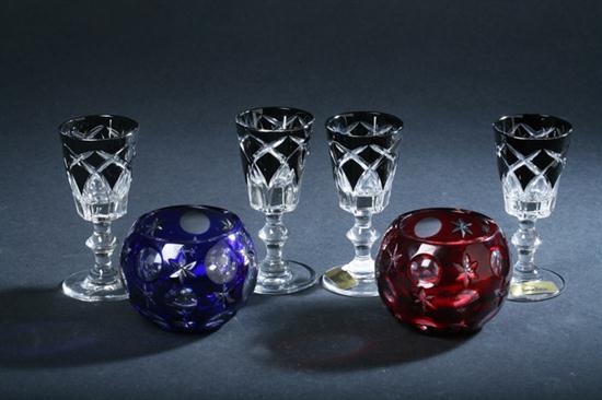 TWO FABERG? CRYSTAL VOTIVES. In red