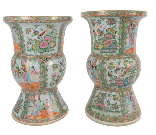 TWO FAMILLE ROSE GU SHAPED VASES,