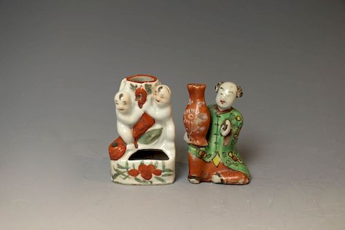 TWO FAMILLE ROSE INCENSE HOLDERS,