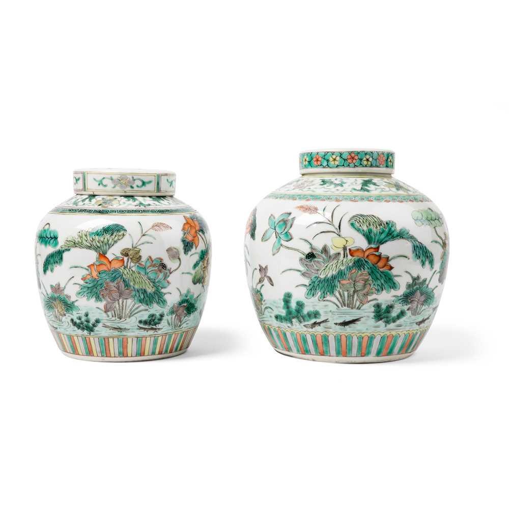 TWO FAMILLE VERTE GINGER JARS AND