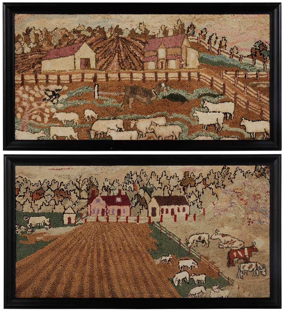 Two Farm Scene Hooked Rugs