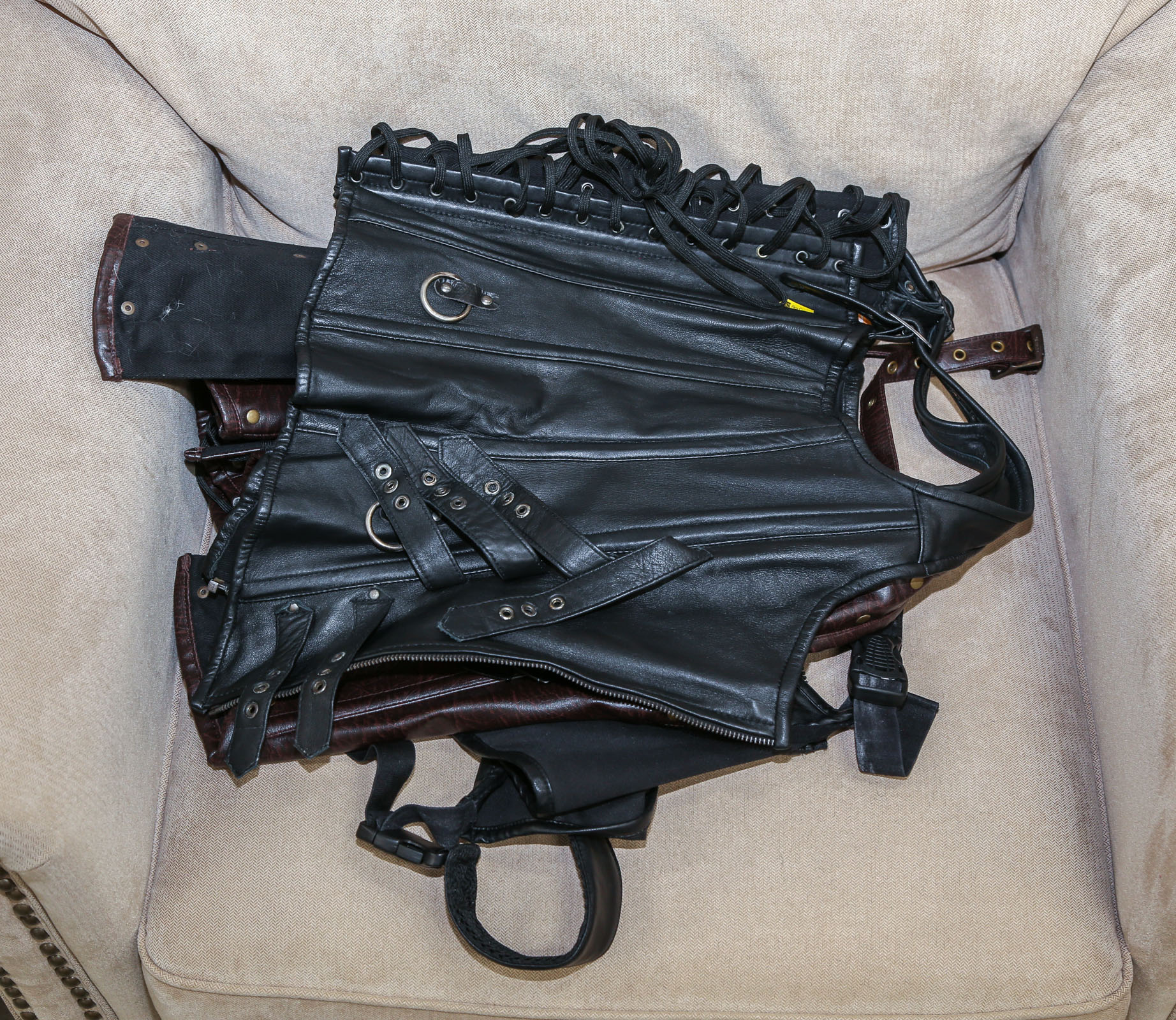 TWO FAUX LEATHER CORSETS & BRA