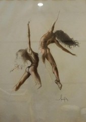 TWO FEMALE NUDES, PASTEL ON PA