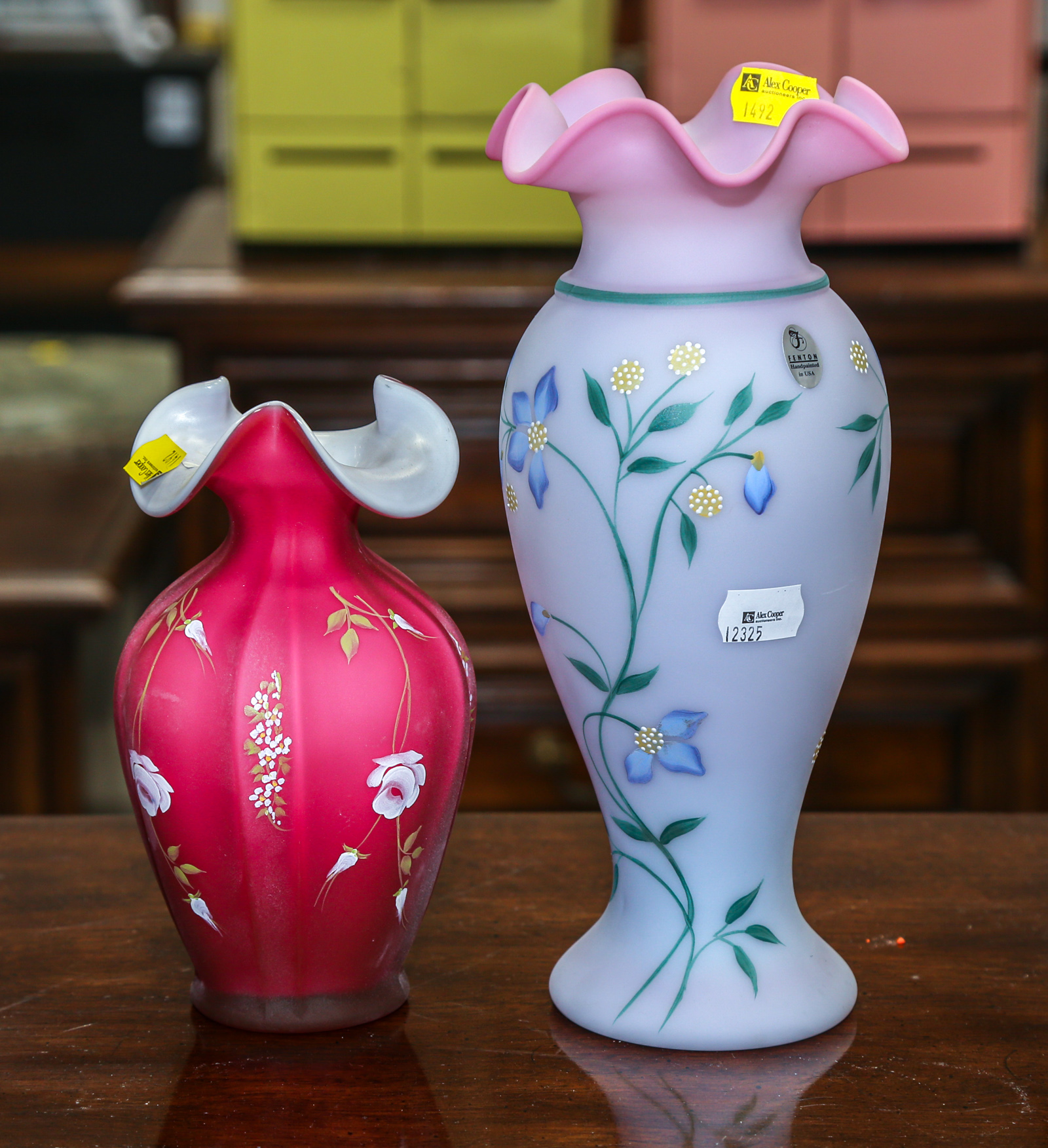 TWO FENTON FLORAL DECORATED VASES 7