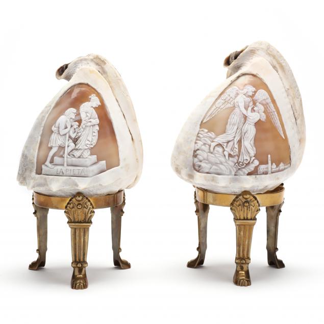 TWO FIGURAL CARVED CONCH SHELL