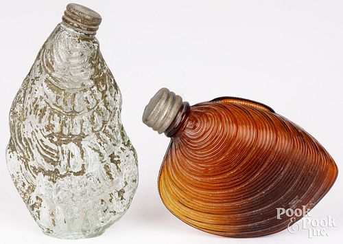 TWO FIGURAL GLASS FLASKS, CA.