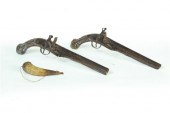 TWO FLINTLOCK PISTOLS AND POWD