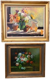TWO FLORAL OIL ON CANVAS STILL