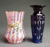TWO FLORAL PAINTED GLASS VASES