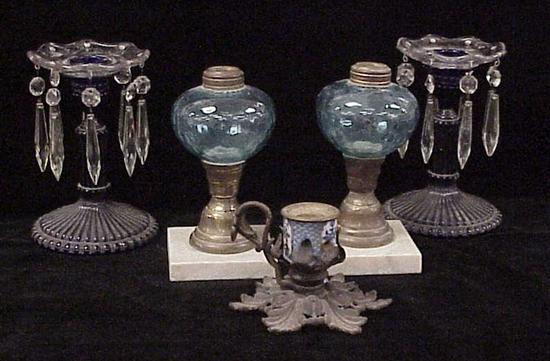 Two fluid lamps with blue fonts 