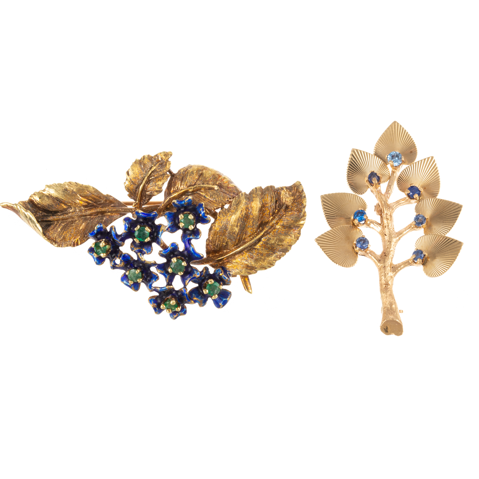 TWO FOLIATE, MULTI-GEMSTONE PINS IN