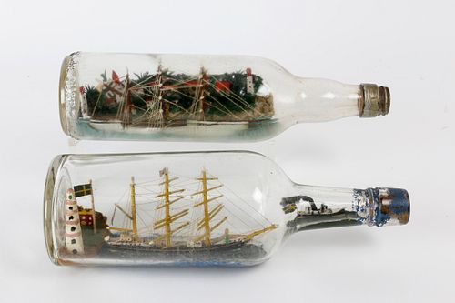 TWO FOLK ART SHIP IN BOTTLES