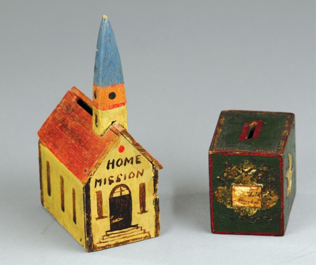TWO FOLK ART WOOD STILL BANKS