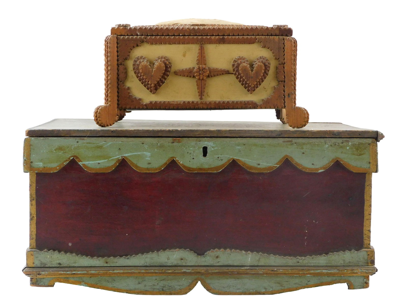 TWO FOLK ART WOODEN BOXES,