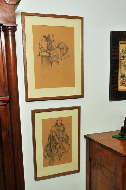 TWO FRAMED DRAWINGS. Each in pencil