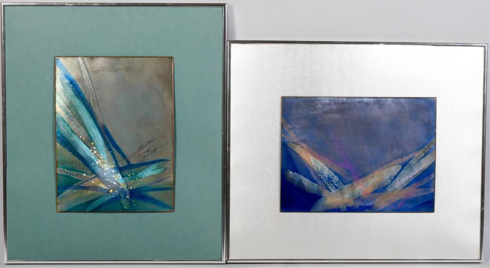 TWO FRAMED ENAMEL PLAQUES 17 1/2