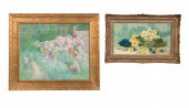TWO FRAMED FLORAL WORKS, ONE O