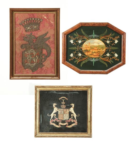 TWO FRAMED TEXTILES AND A PAINTING.