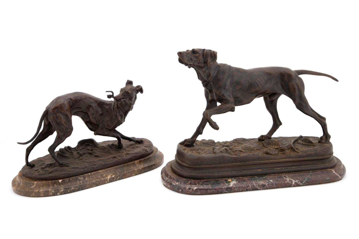 TWO FRENCH BRONZE DOG SCULPTURES ON