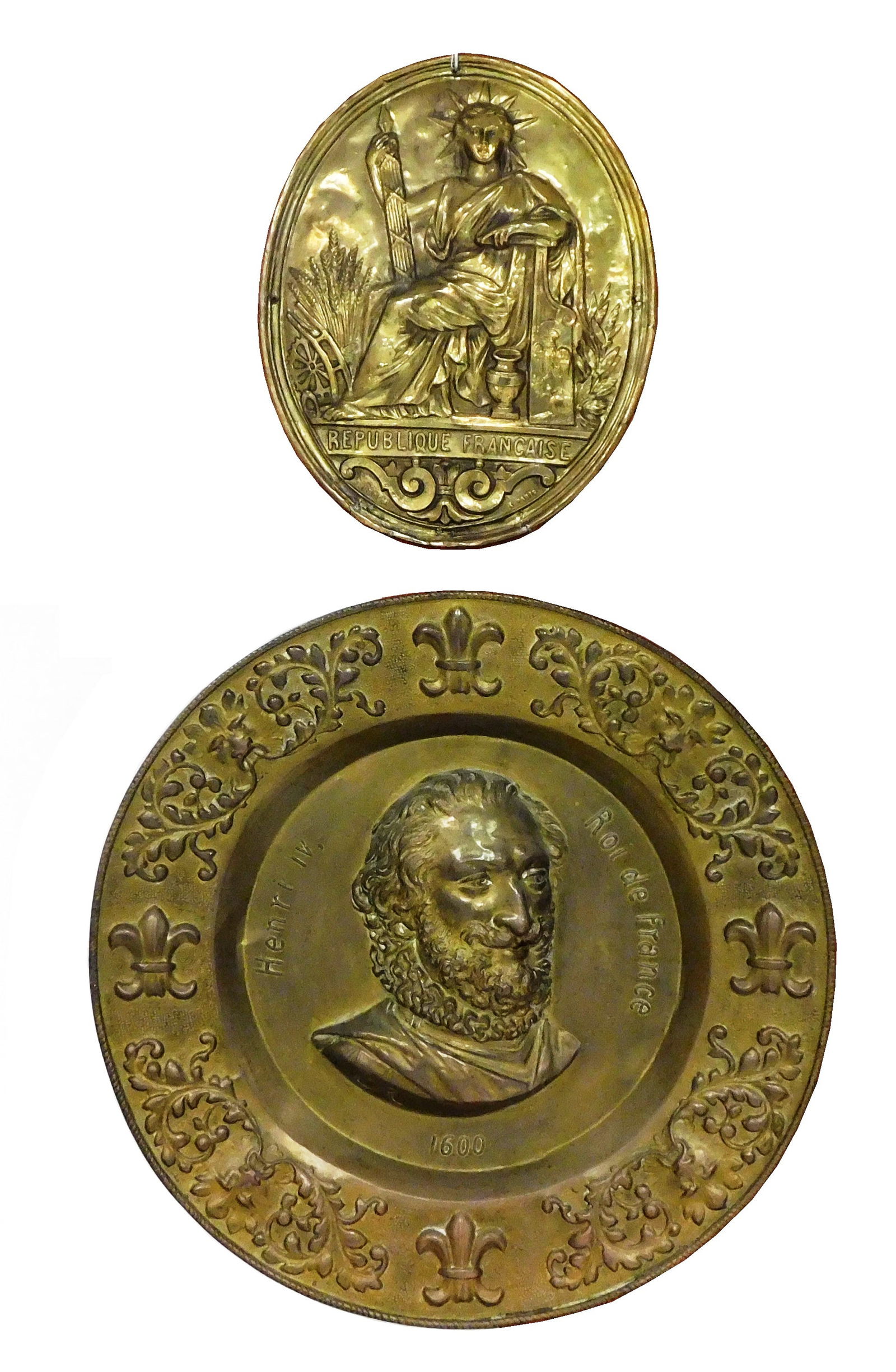 TWO FRENCH THEMED BRASS REPOUSSE