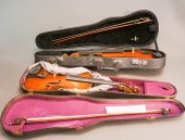 TWO FRUITWOOD VIOLINS WITH BOW