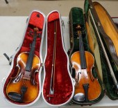 TWO FRUITWOOD VIOLINS WITH BOW
