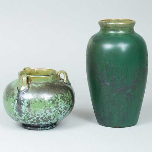 TWO FULPER GREEN GLAZED POTTERY
