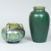 TWO FULPER GREEN GLAZED POTTER