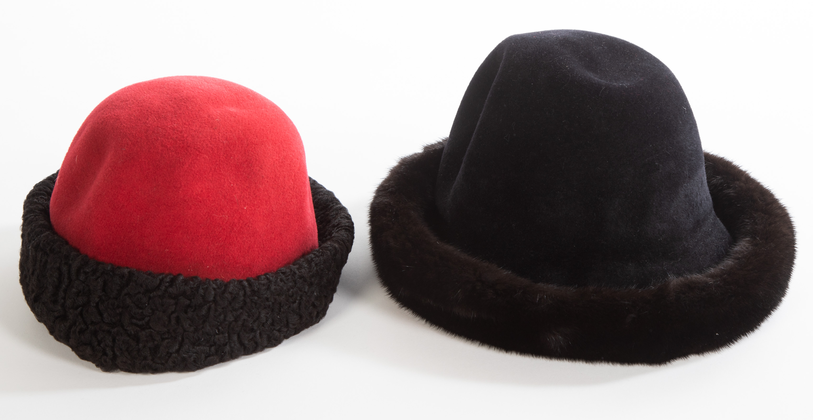 TWO FUR TRIMMED HATS One black mink