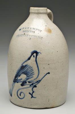 Two gallon salt glaze jug, bird,