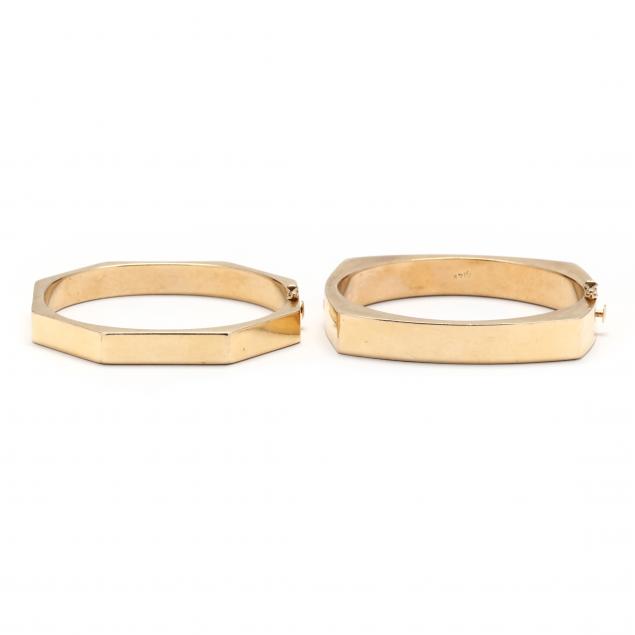 TWO GEOMETRIC MOTIF GOLD BANGLE