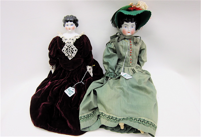 TWO GERMAN CHINA HEAD DOLLS each