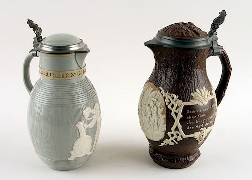 TWO GERMAN METTLACH LIDDED BEER