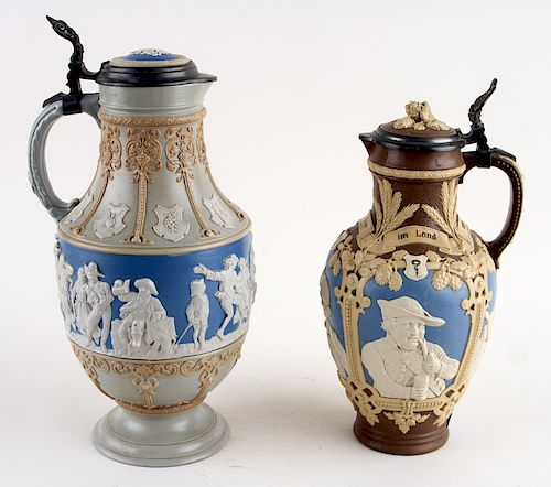TWO GERMAN METTLACH LIDDED BEER